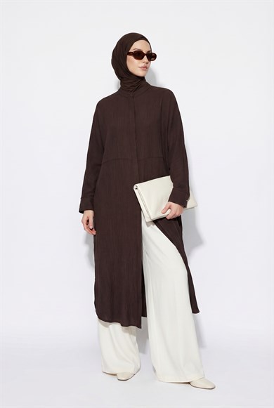 Gizli Düğmeli Hakim Yaka Uzun Tunik Kahverengi 26YT416