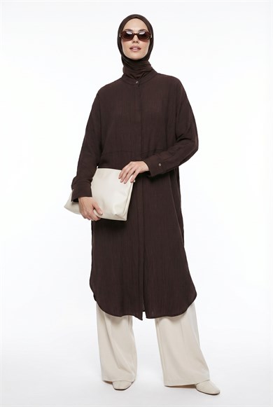 Gizli Düğmeli Hakim Yaka Uzun Tunik Kahverengi 26YT416