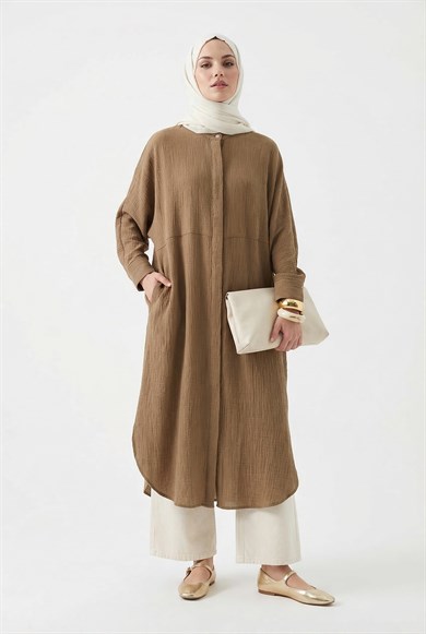 Gizli Düğmeli Hakim Yaka Uzun Tunik Yağ Yeşili 26YT416
