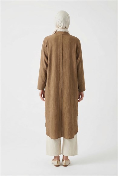Gizli Düğmeli Hakim Yaka Uzun Tunik Yağ Yeşili 26YT416