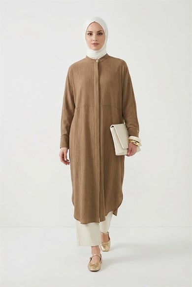 Gizli Düğmeli Hakim Yaka Uzun Tunik Yağ Yeşili 26YT416