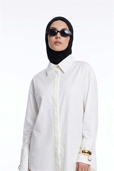 Gizli Düğmeli Oversize Gömlek Ekru 25KT304
