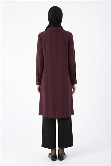 Gizli Düğmeli Uzun Gömlek Tunik Bordo 26YTD453