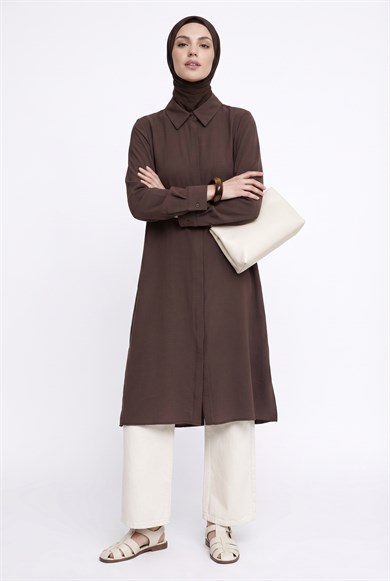 Gizli Düğmeli Uzun Gömlek Tunik Kahverengi 26YTD453