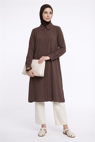 Gizli Düğmeli Uzun Gömlek Tunik Kahverengi 26YTD453
