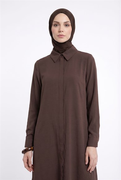Gizli Düğmeli Uzun Gömlek Tunik Kahverengi 26YTD453