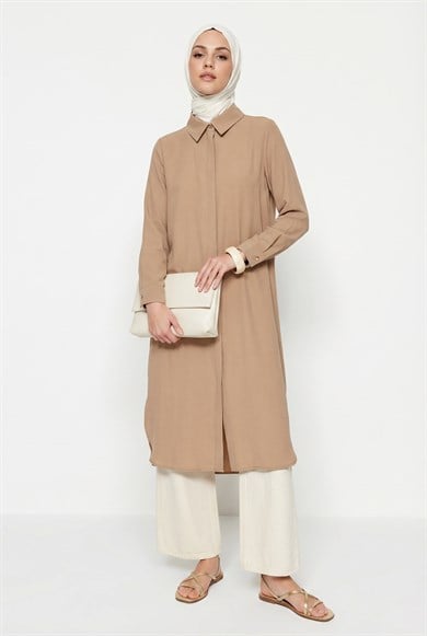 Gizli Düğmeli Uzun Gömlek Tunik Vizon 26YTD453