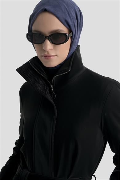 Gizli Fermuarlı Belden Kuşaklı Dik Yaka Giy Çık Siyah 25KT732