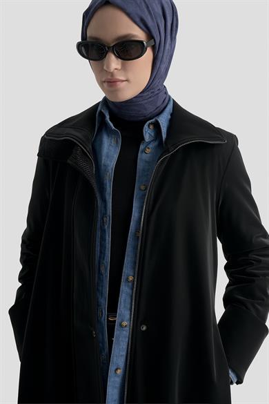 Gizli Fermuarlı Belden Kuşaklı Dik Yaka Giy Çık Siyah 25KT732