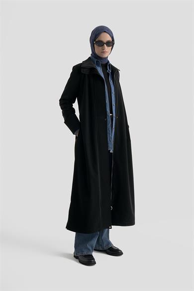 Gizli Fermuarlı Belden Kuşaklı Dik Yaka Giy Çık Siyah 25KT732