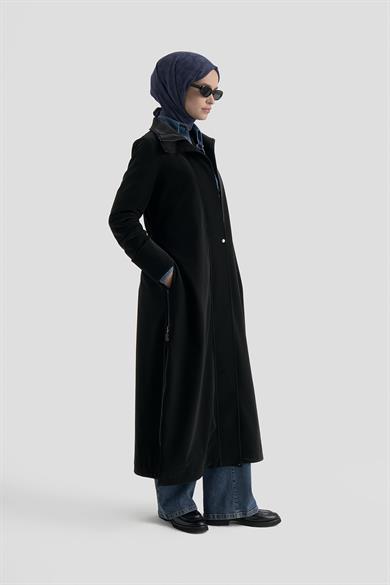 Gizli Fermuarlı Belden Kuşaklı Dik Yaka Giy Çık Siyah 25KT732