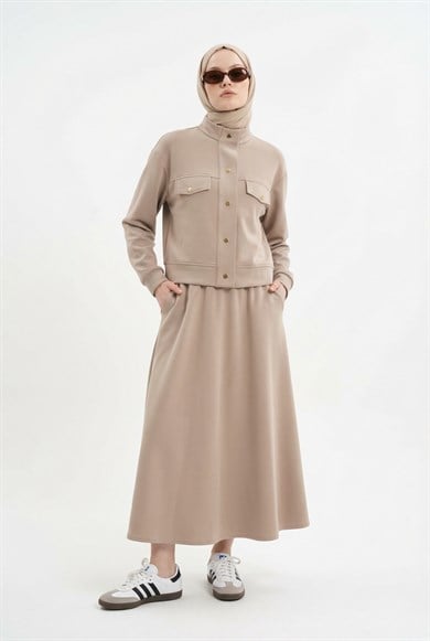 Gold Çıtçıtlı Cep Detaylı Etekli İkili Takım Bej 26YT604