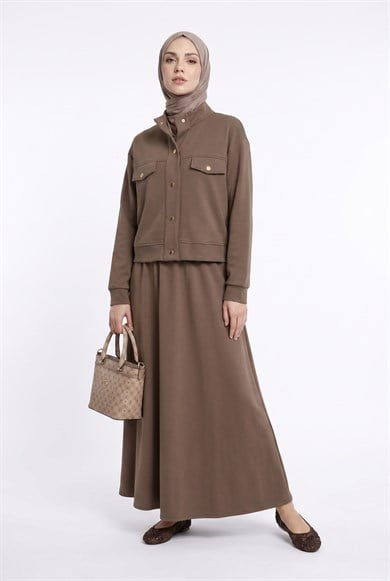 Gold Çıtçıtlı Cep Detaylı Etekli İkili Takım Vizon 26YT604