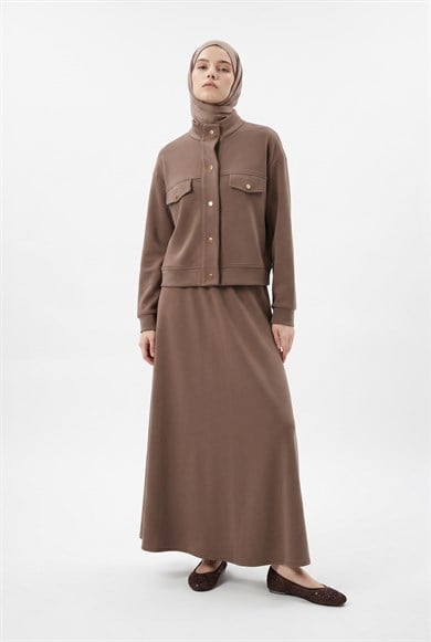 Gold Çıtçıtlı Cep Detaylı Etekli İkili Takım Vizon 26YT604