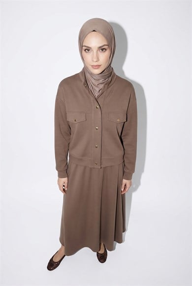 Gold Çıtçıtlı Cep Detaylı Etekli İkili Takım Vizon 26YT604