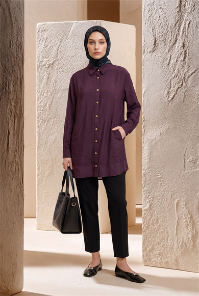 Gold Düğme Detaylı Klasik Yaka Uzun Tunik Rahat Kesim Şık Tesettür Tunik Modeli 89 cm Boy Bordo 26YT471