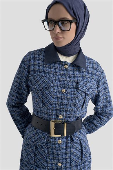 Gold Düğmeli Cep Detaylı Kolları Katlı Manşet Detaylı Tüvit Tunik İndigo 25KT404