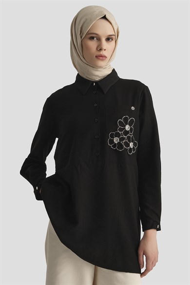 Gömlek Yaka Çiçek Desenli Tunik Siyah 26YT464