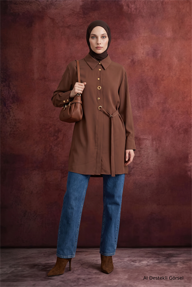 Gömlek Yaka Kuşgözü Detaylı Kuşaklı Tunik 91 Cm Boy Camel 26KT431