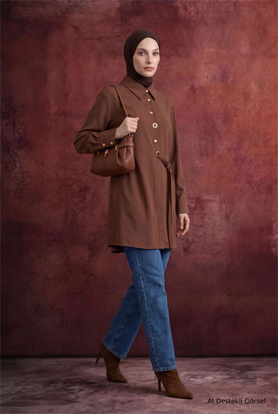 Gömlek Yaka Kuşgözü Detaylı Kuşaklı Tunik 91 Cm Boy Camel 26KT431