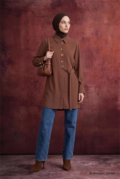 Gömlek Yaka Kuşgözü Detaylı Kuşaklı Tunik 91 Cm Boy Camel 26KT431