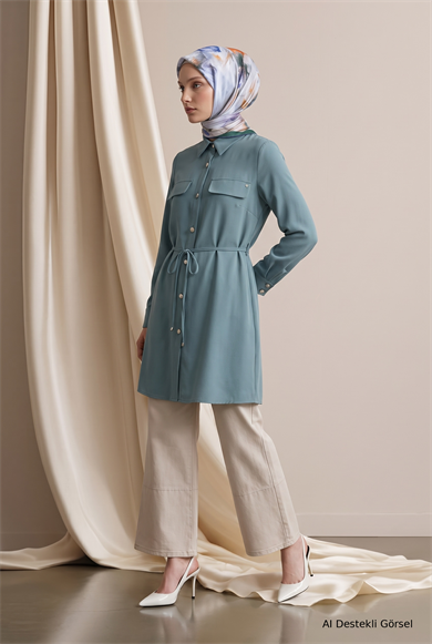 Gömlek Yaka Tam Boy Düğmeli Çift Cepli Tunik 88 Cm Boy Mint 26KT483