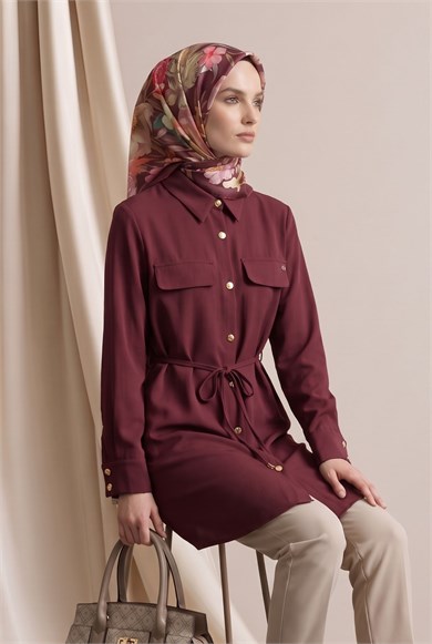Gömlek Yaka Tam Boy Düğmeli Çift Cepli Tunik 88 Cm Boy Bordo 26KT483