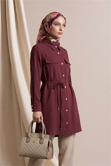 Gömlek Yaka Tam Boy Düğmeli Çift Cepli Tunik 88 Cm Boy Bordo 26KT483