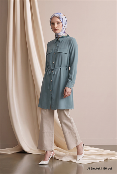 Gömlek Yaka Tam Boy Düğmeli Çift Cepli Tunik 88 Cm Boy Mint 26KT483