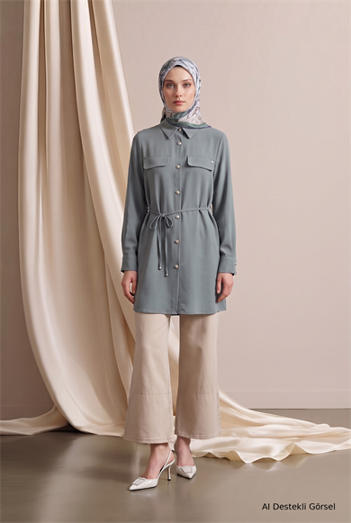 Gömlek Yaka Tam Boy Düğmeli Çift Cepli Tunik 88 Cm Boy Mint 26KT483