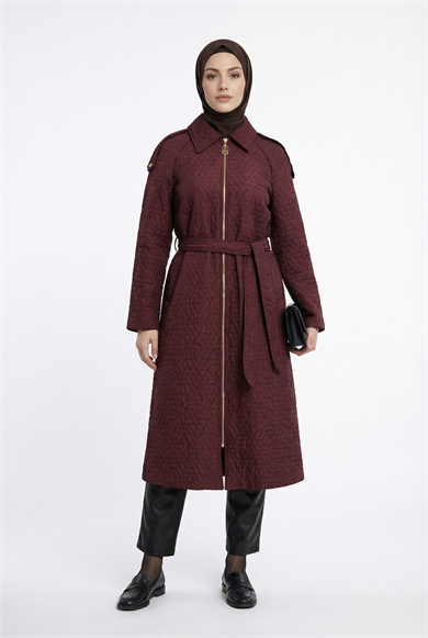 Kabartma Desenli Boydan Fermuarlı Belden Kuşaklı Giy Çık Vişne 26YT529