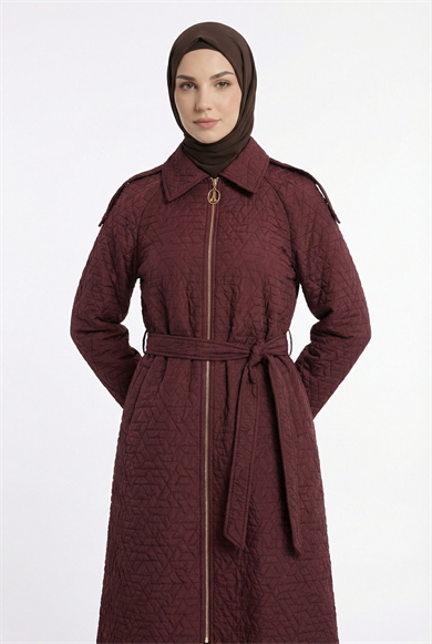 Kabartma Desenli Boydan Fermuarlı Belden Kuşaklı Giy Çık Vişne 26YT529