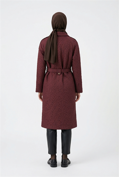 Kabartma Desenli Boydan Fermuarlı Belden Kuşaklı Giy Çık Vişne 26YT529