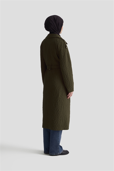 Kabartma Desenli Boydan Fermuarlı Belden Kuşaklı Giy Çık Haki 26YT529