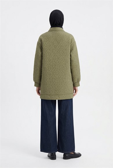 Kabartma Desenli Fermuarlı Cepli Ceket Küf Yeşili 26YT537