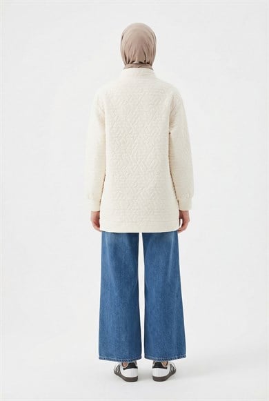 Kabartma Desenli Fermuarlı Cepli Ceket Ekru 26YT537