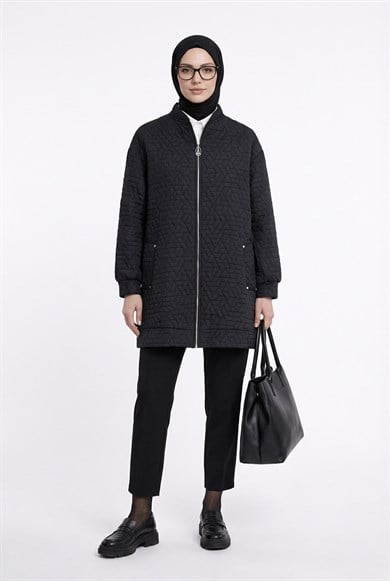 Kabartma Desenli Fermuarlı Cepli Ceket Siyah 26YT537