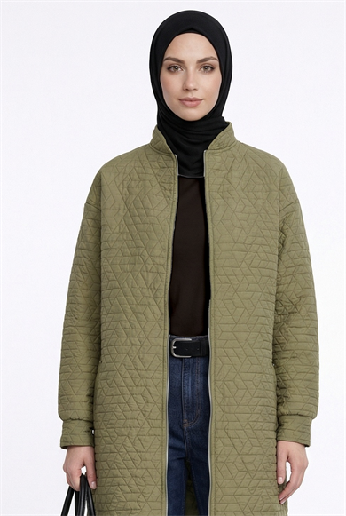 Kabartma Desenli Fermuarlı Cepli Ceket Küf Yeşili 26YT537