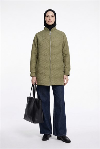 Kabartma Desenli Fermuarlı Cepli Ceket Küf Yeşili 26YT537