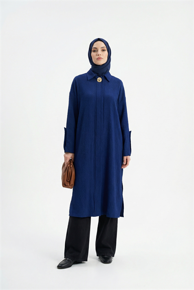 Kabartma Desenli Gizli Düğmeli Cepli Tunik Lacivert 26YT402