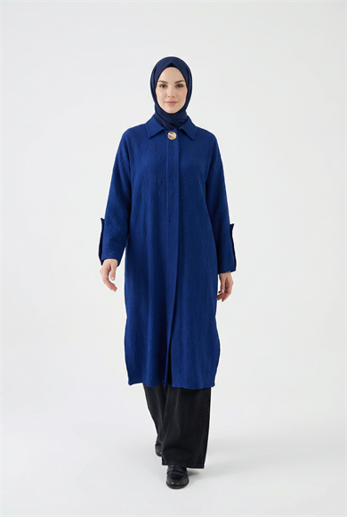 Kabartma Desenli Gizli Düğmeli Cepli Tunik Lacivert 26YT402