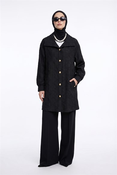 Kabartma Desenli Gold Düğmeli Cepli Ceket Siyah 26YT508