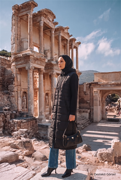 Kapüşonlu Fermuarlı Kapitone Detaylı Uzun Günlük Giy Çık Siyah