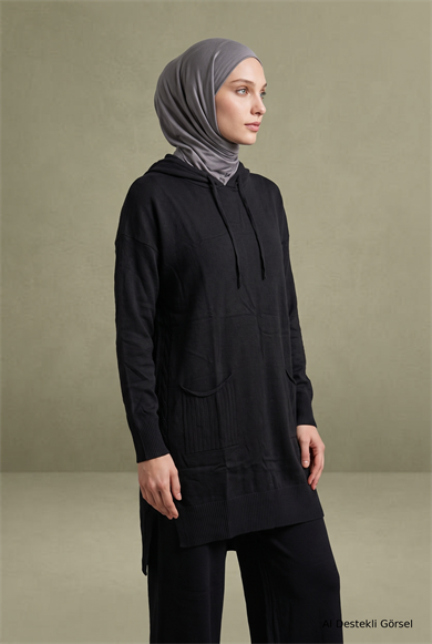 Kapüşonlu Önden Cepli Pantolonlu İkili Takım Siyah 22KD601