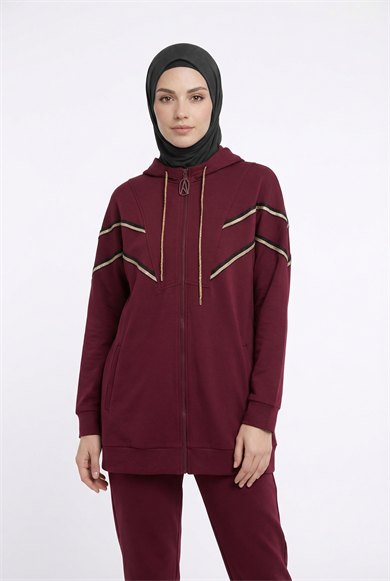 Kapüşonlu Simli Şerit Detaylı Pantolonlu İkili Takım Bordo 25KT631