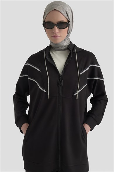 Kapüşonlu Simli Şerit Detaylı Pantolonlu İkili Takım Siyah 25KT631