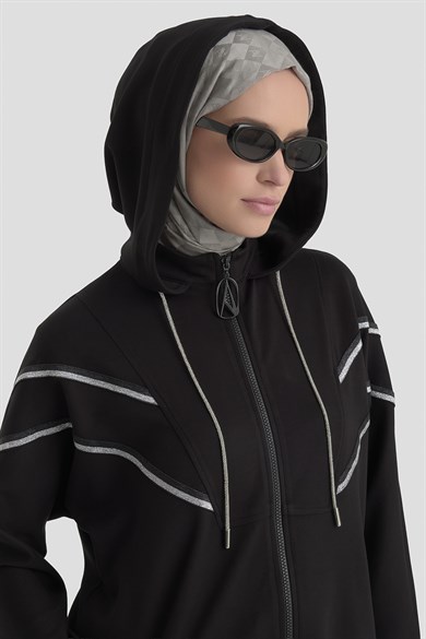 Kapüşonlu Simli Şerit Detaylı Pantolonlu İkili Takım Siyah 25KT631