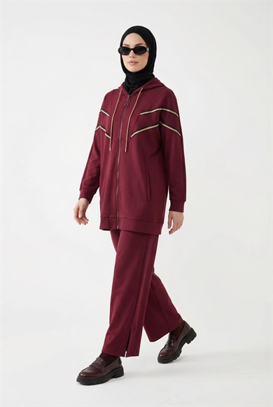 Kapüşonlu Simli Şerit Detaylı Pantolonlu İkili Takım Bordo 25KT631