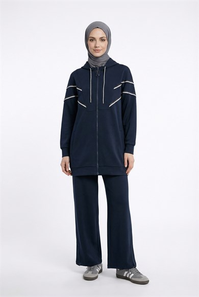 Kapüşonlu Simli Şerit Detaylı Pantolonlu İkili Takım Lacivert 25KT631
