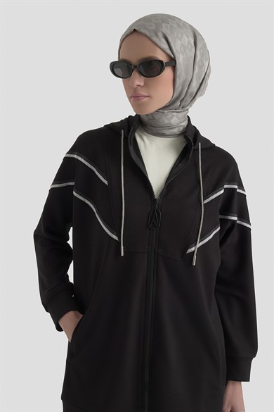 Kapüşonlu Simli Şerit Detaylı Pantolonlu İkili Takım Siyah 25KT631